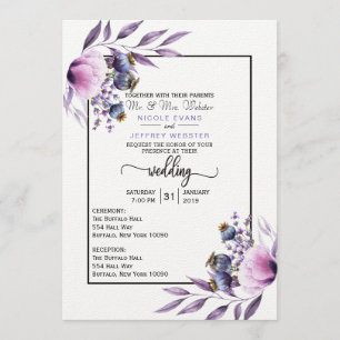 Violet Lavender Poppy Watercolor Flower Wedding Invitation