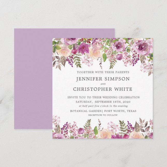 Violet Lavender Square Wedding Invitation Cards (Front/Back)