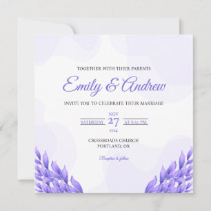 Violet Leaf Watercolor Floral Square Wedding Invitation