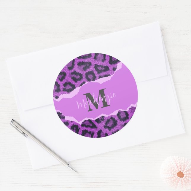 Violet Leopard Print Classic Round Sticker (Envelope)