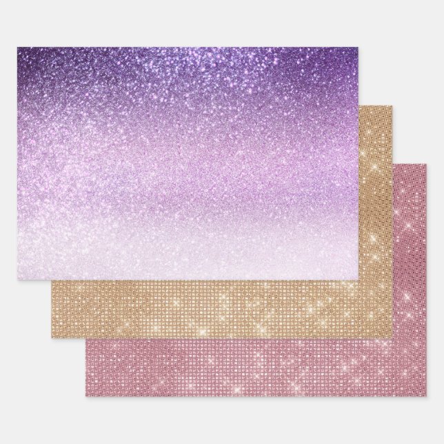 Violet Lilac Pastel Purple Triple Glitter Ombre Wrapping Paper Sheet (Set)