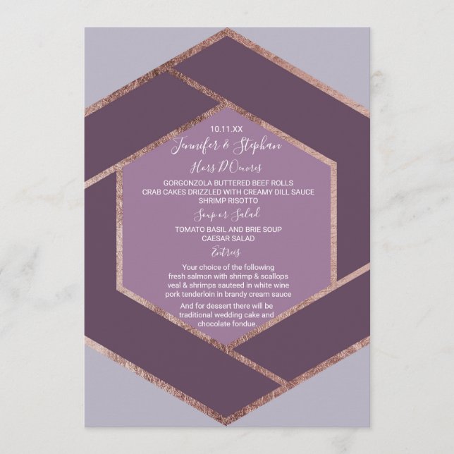 Violet Lilac Purple Rose Gold Hexagon Wedding Menu (Front)