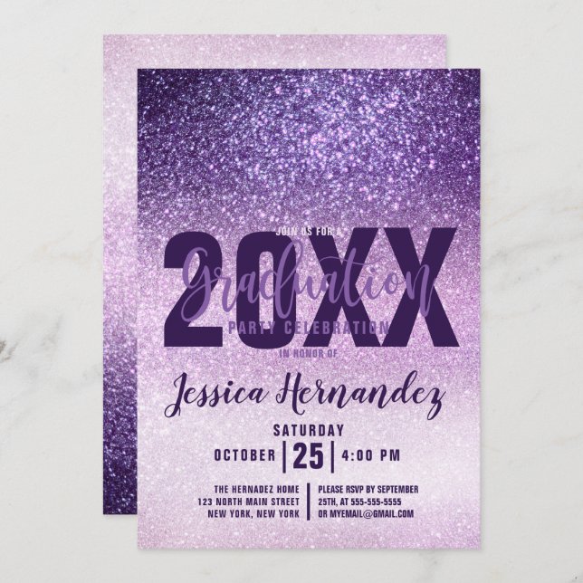 Violet Lilac Purple Triple Glitter Graduation Invitation (Front/Back)
