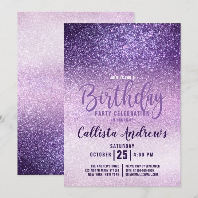 Violet Lilac Purple Triple Glitter Ombre Birthday Invitation (Front/Back)