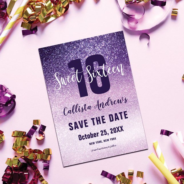 Violet Lilac Purple Triple Glitter Ombre Sweet 16 Save The Date (Creator Uploaded)