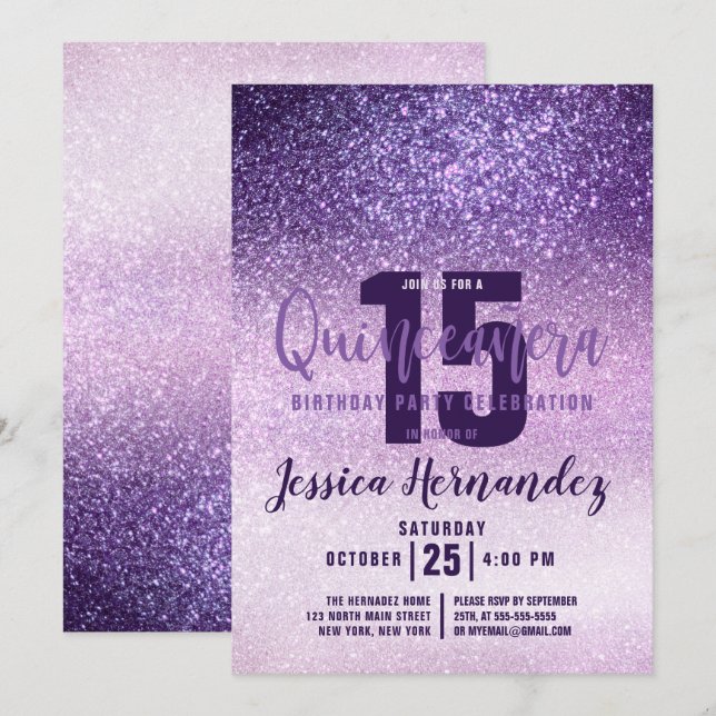 Violet Lilac Purple Triple Glitter Quinceañera Invitation (Front/Back)