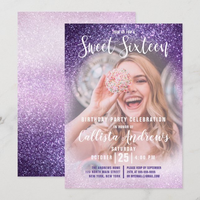 Violet Lilac Triple Glitter Ombre Photo Sweet 16 Invitation (Front/Back)
