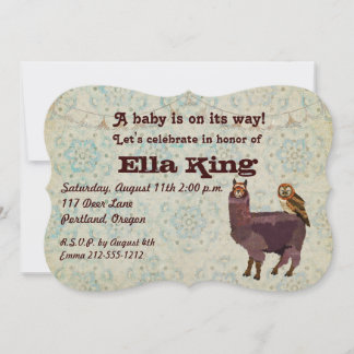 Violet Llama & Owl Floral Baby Invitation