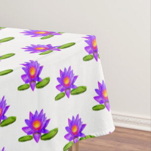 Violet Lotus Flowers & Lily Pad on White Tablecloth