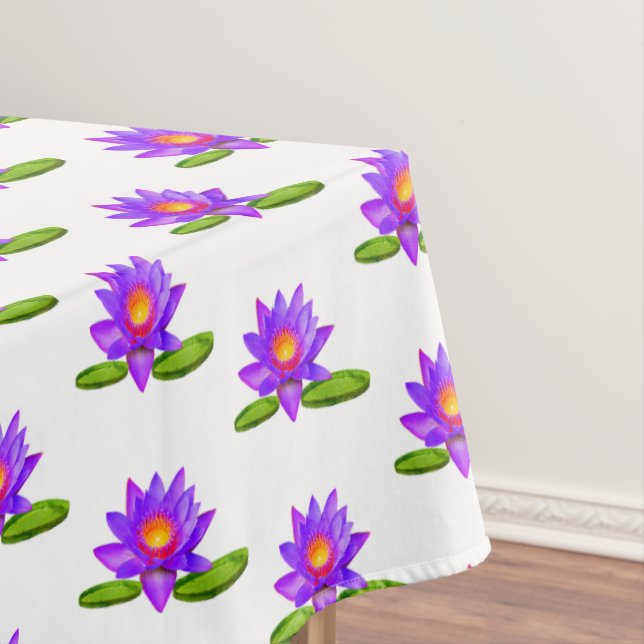 Violet Lotus Flowers & Lily Pad on White Tablecloth (In Situ)