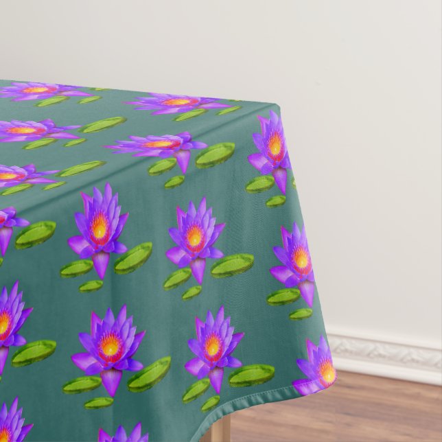 Violet Lotus Flowers & Lily Pads on Sapphire Green Tablecloth (In Situ)