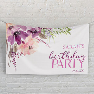 Violet Magenta Purple Floral Birthday Party Banner