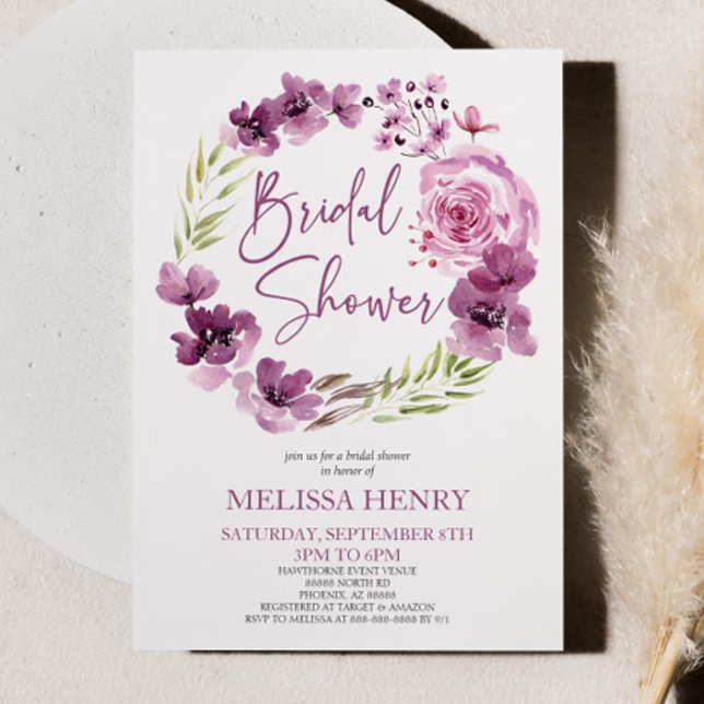 Violet Magenta Purple Floral Flowers Bridal Shower Invitation (Creator Uploaded)