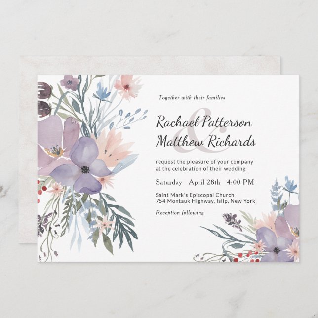 Violet Meadow Watercolor Floral Wedding Invitation (Front/Back)