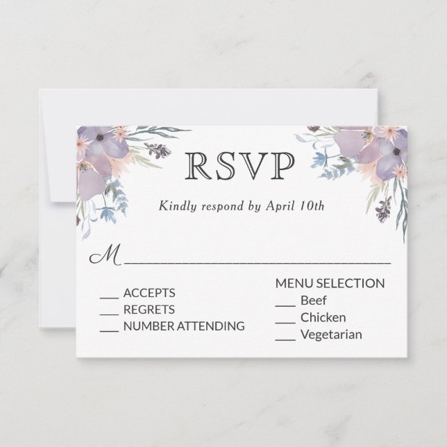 Violet Meadow Wedding RSVP with Menu Choices (Front)