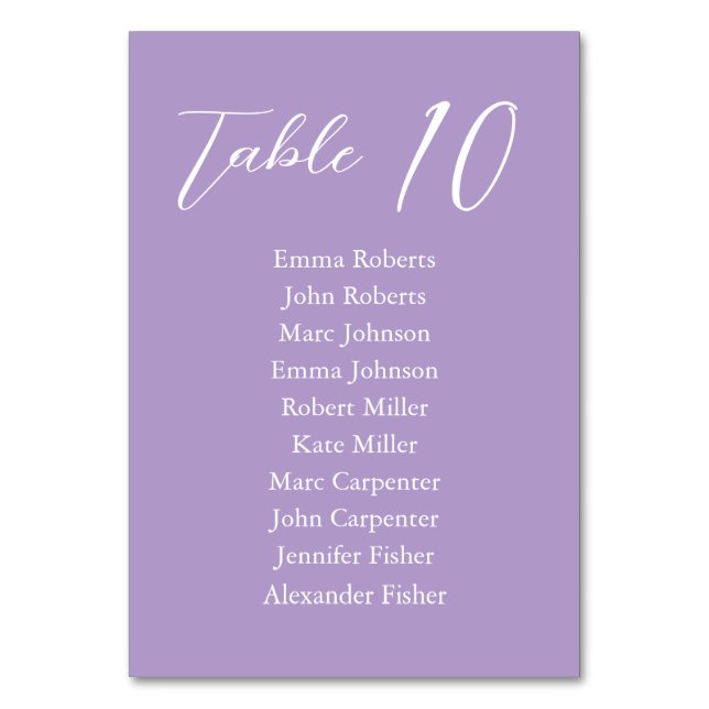 Violet Minimalist Script Wedding Seating Plan Table Number (Front)