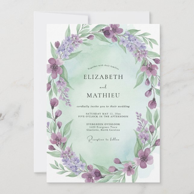 Violet Mint Wreath Wedding Invitation (Front)