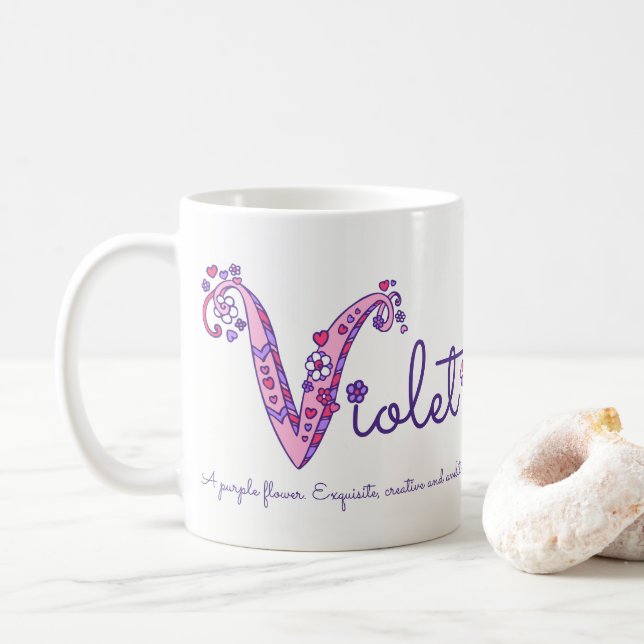 Violet name meaning decorative V monogram mug (With Donut)