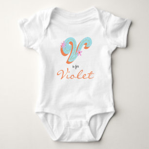 Violet name Reveal Floral Letter V Girl Flower Baby Bodysuit