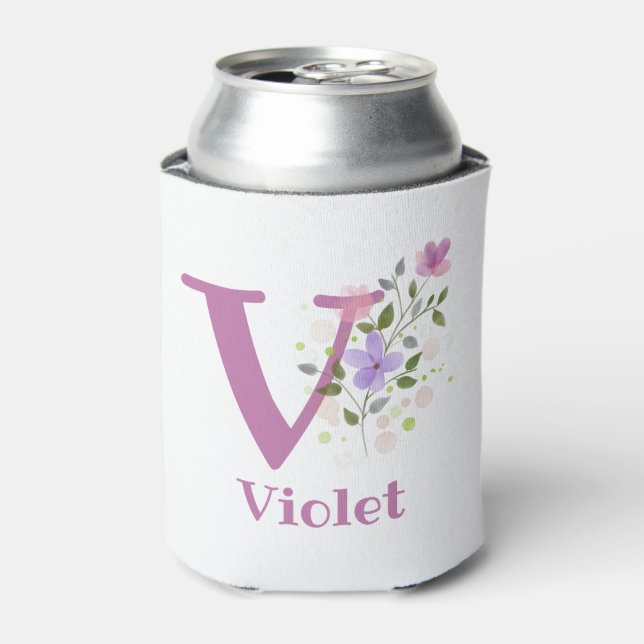 Violet Name with a Floral Design Can Cooler (Can Front)