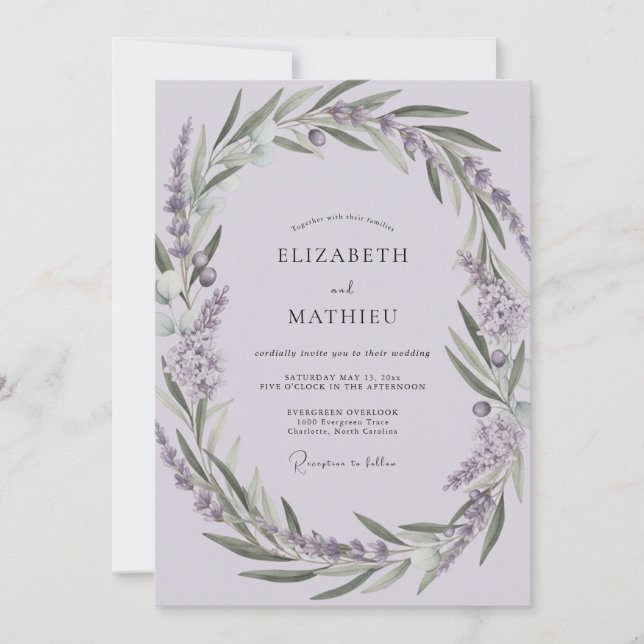 Violet Olive Branch Eucalyptus Wedding Invitation (Front)