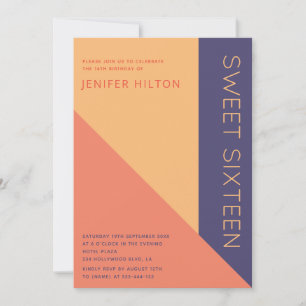 Violet orange colour block sweet sixteen invitation