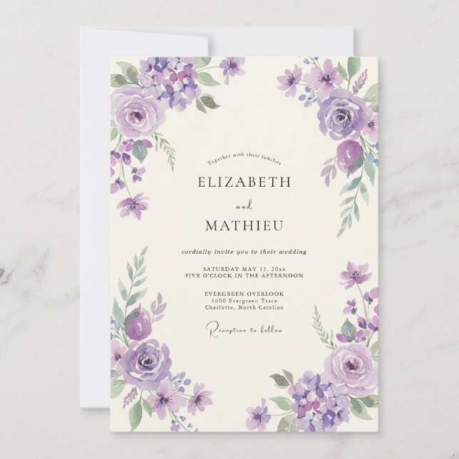 Violet Orchid Watercolor Wedding Invitation (Front)