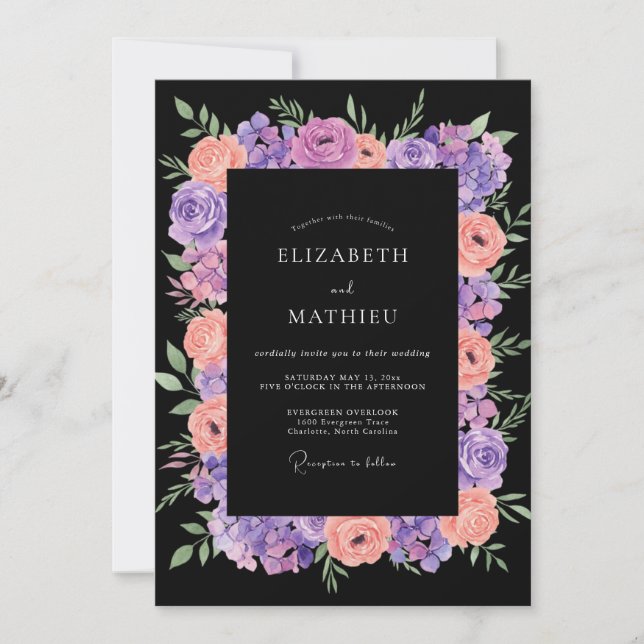 Violet Peach Ranunculus Eucalyptus Wedding Invitation (Front)