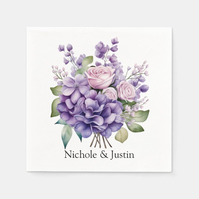 Violet Peony And Roses Wedding Custom Napkin (Front)
