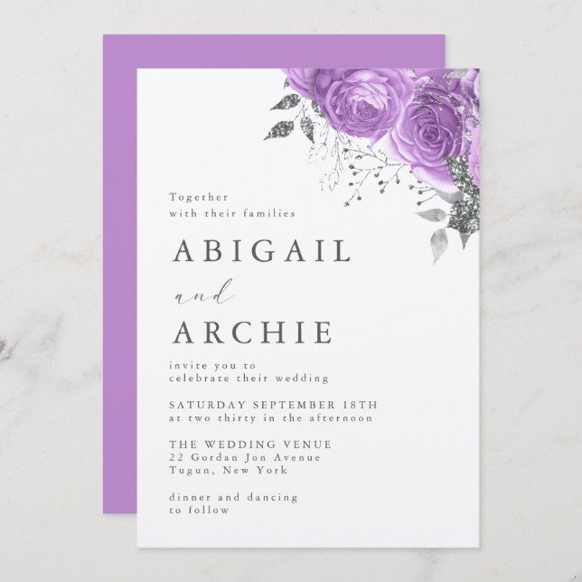 Violet Peony Wedding Invitation (Front/Back)