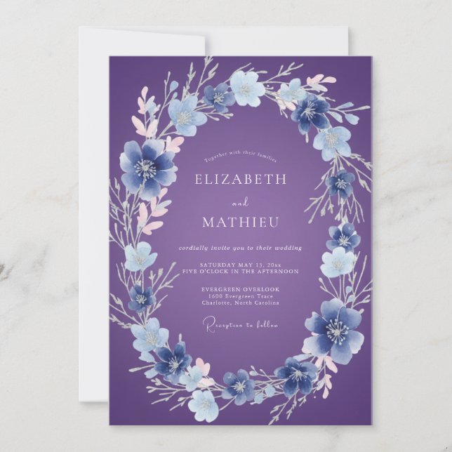 Violet Periwinkle Ethereal Floral Wedding Invitation (Front)