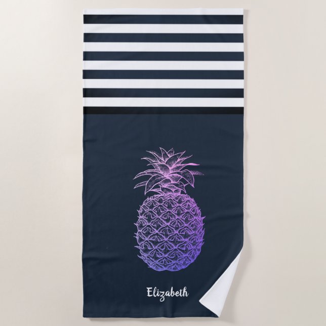 Violet Pineapple Nautical Navy Blue Striped   Beach Towel (Front)