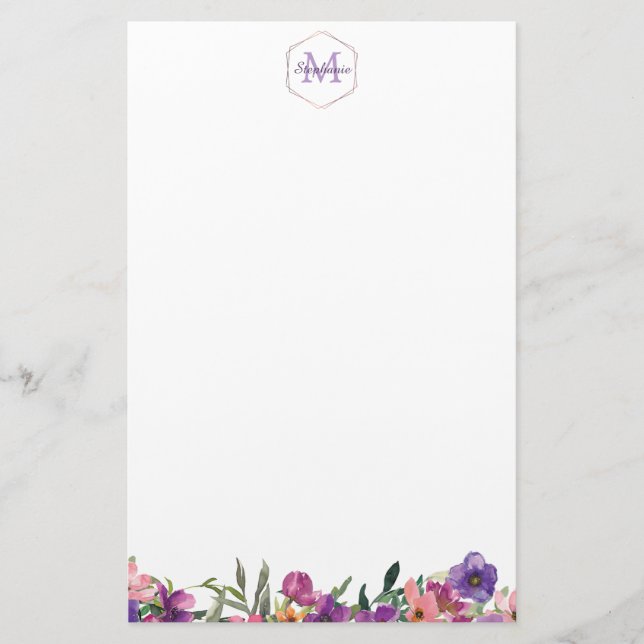 Violet Pink and Blue Floral Border Monogram Stationery (Front)