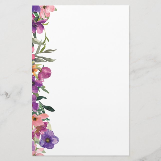 Violet Pink and Blue Floral Garden Border Stationery (Front)