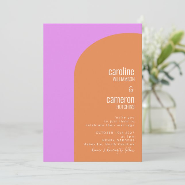 Violet Pink and Orange Retro Geometric Wedding Invitation (Standing Front)