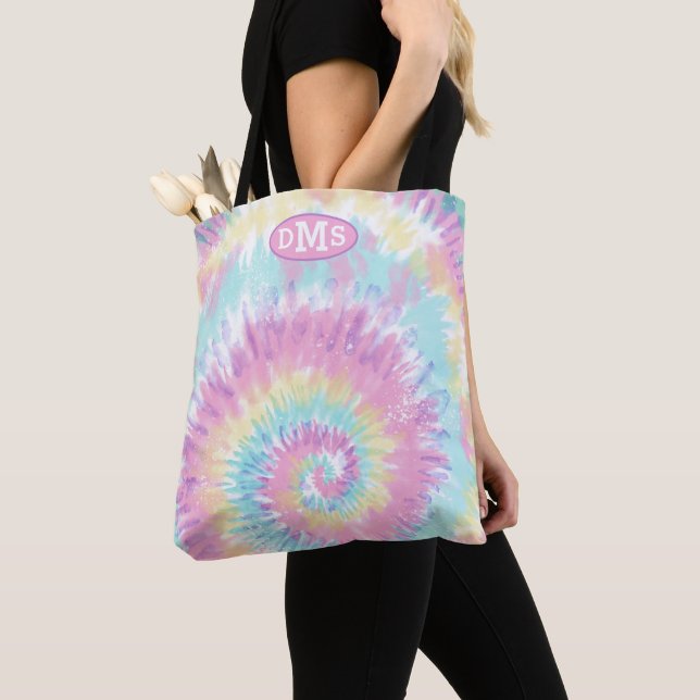 Violet Pink Blue Tie Dye Abstract Monogram  Tote Bag (Close Up)