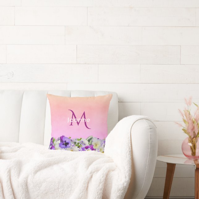 Violet pink florals monogram name cushion (Couch)