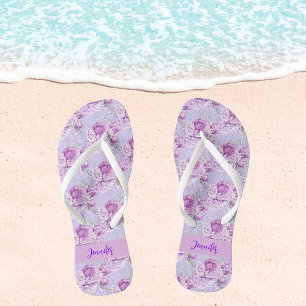 Violet pink flowers roses name script jandals