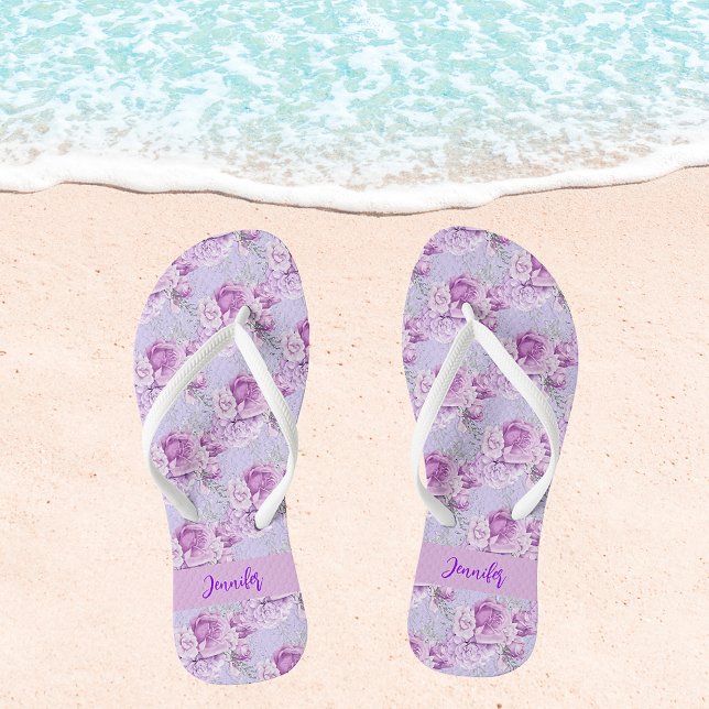 Violet pink flowers roses name script jandals (Creator Uploaded)