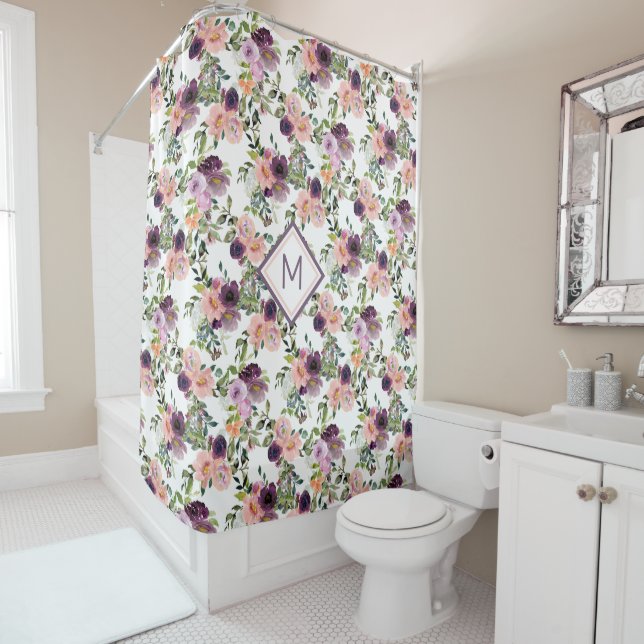 Violet Pink Lavender Roses Pattern Monogram Shower Curtain (In Situ)