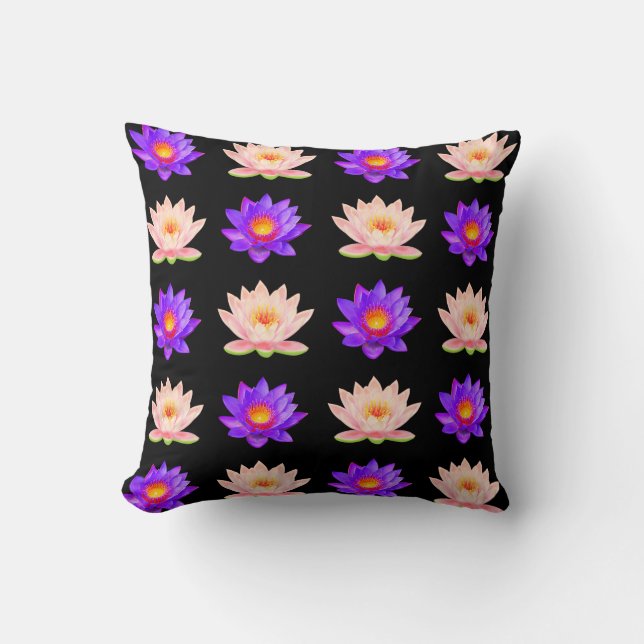 Violet & Pink Lotus Flowers on Black Cushion (Front)