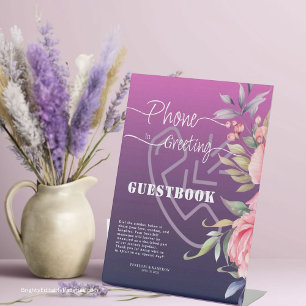 Violet Pink Peony Wedding Phone Greeting Guestbook Pedestal Sign