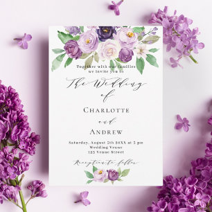 Violet pink purple florals watercolor wedding invitation