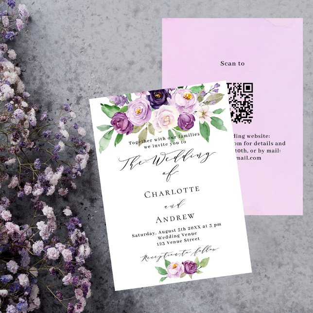 Violet pink purple flowers QR RSVP luxury wedding Invitation (Creator Uploaded)