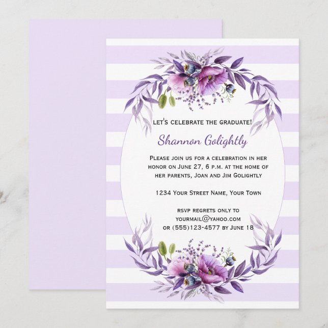 Violet Pink Purple Flowers Stripes Grad Party Invitation (Front/Back)