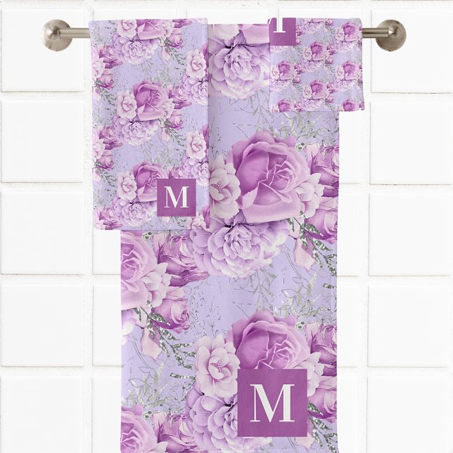 Violet pink roses flowers monogram bath towel set (Creator Uploaded)