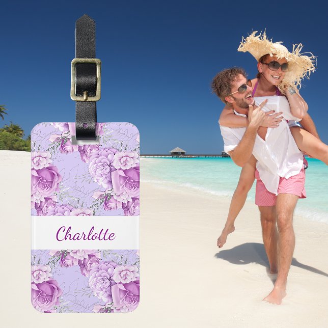 Violet pink roses flowers white name luggage tag (Creator Uploaded)