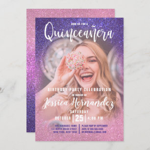 Violet Pink Triple Glitter Ombre Photo Quinceañera Invitation