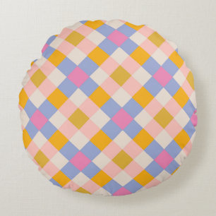 Violet pink yellow checks round cushion