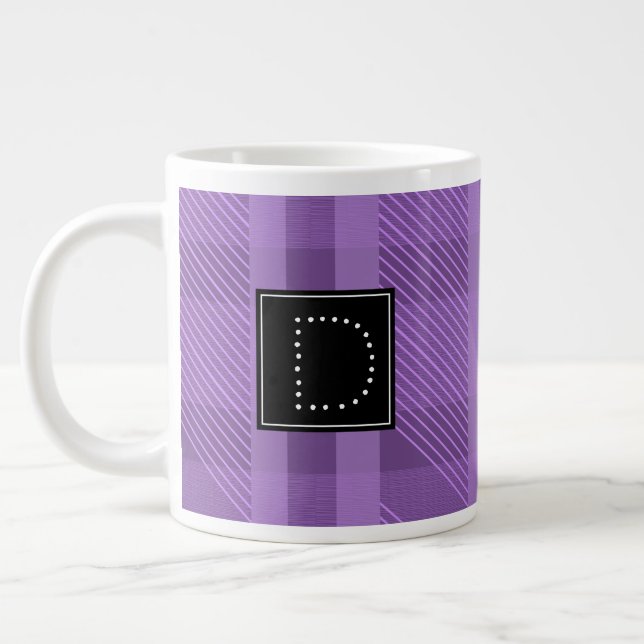 Violet Plaid Striped Pattern Monogram Large Coffee Mug (Left)